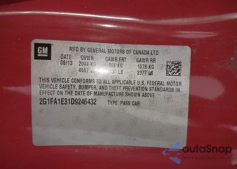 2013 Chevrolet Camaro 2Ls z USA, uszkodzony, nr VIN 2G1FA1E31D9246432